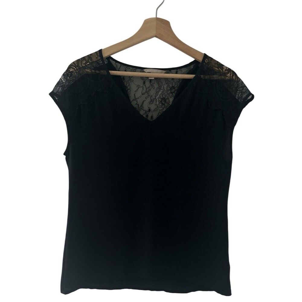 Banana Republic Blue Top Small Black Lace Detail V‑Neck Navy Classic Business